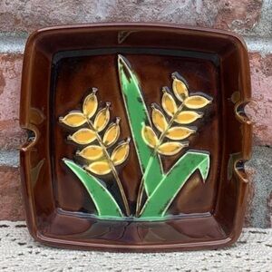 Vintage 70s Hand Painted Ceramic Ashtray Floral Dish Brown Yellow Flowers Japan